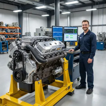 Remanufactured engine on test stand with diagnostic equipment