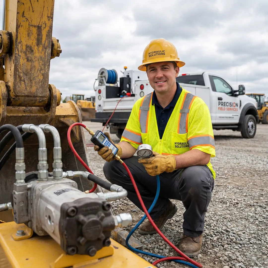 Technician performing hydraulic system diagnostics on excavator at construction site