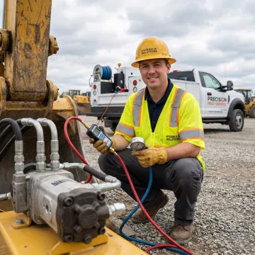 Technician performing hydraulic system diagnostics on excavator at construction site