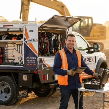 Mobile hydraulic repair service truck arriving at construction site with technician and equipment