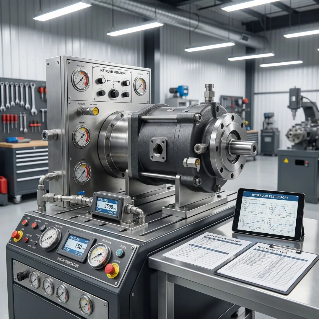 Remanufactured industrial hydraulic pump on test bench with pressure gauges