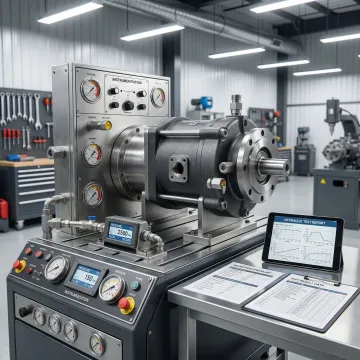 Remanufactured industrial hydraulic pump on test bench with pressure gauges