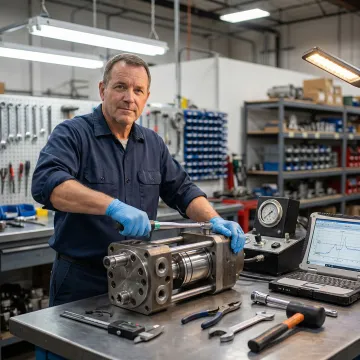 Professional technician repairing industrial hydrostatic pump with precision tools