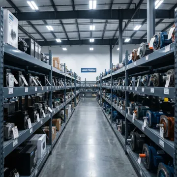 Warehouse shelving with organized loaner hydraulic pumps and motors ready for dispatch