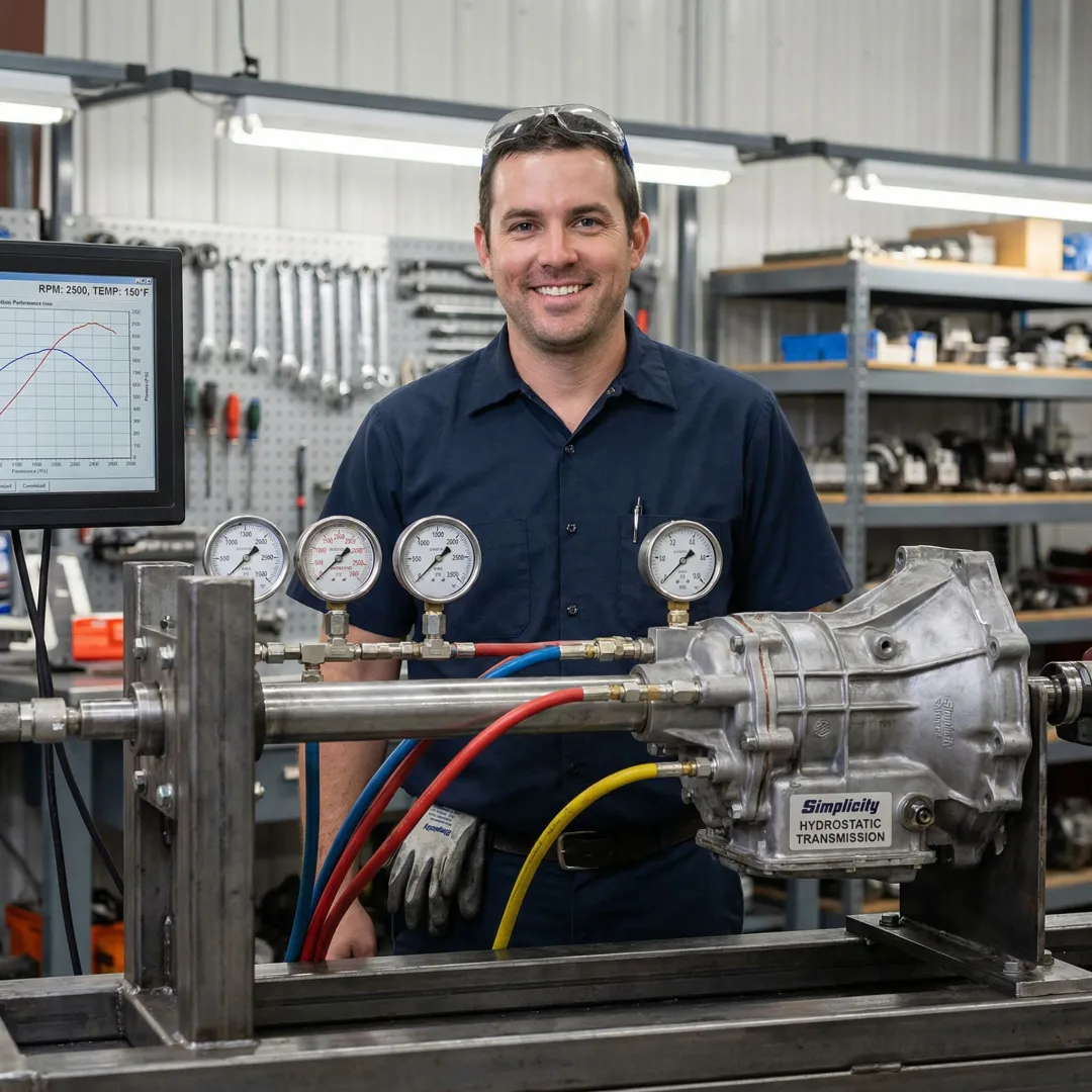Technician testing rebuilt Simplicity hydrostatic transmission on diagnostic equipment