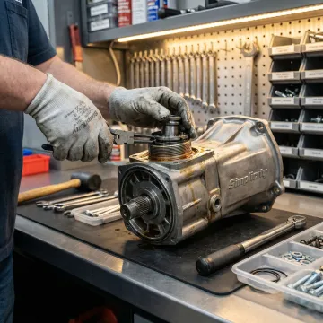 Technician repairing Simplicity hydrostatic transmission on workbench