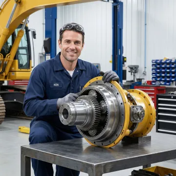 Heavy equipment final drive repair technician working on excavator track drive assembly