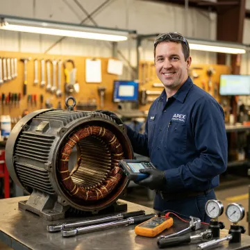 Technician repairing industrial motor in professional workshop
