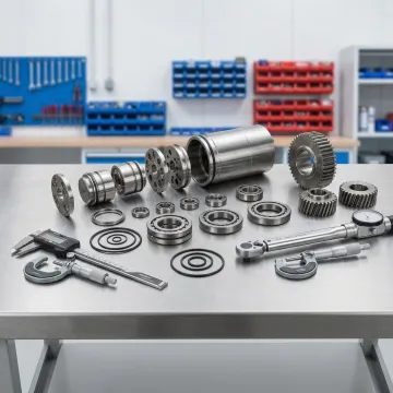 Disassembled hydraulic motor components during professional rebuild process
