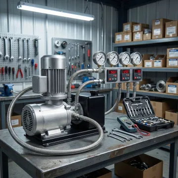 Hydraulic trim pump being tested on diagnostic bench equipment