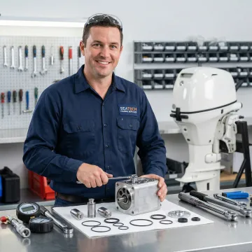 Technician repairing hydraulic trim pump for marine outboard motor