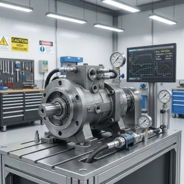 Hydrostatic motor being tested on calibration equipment