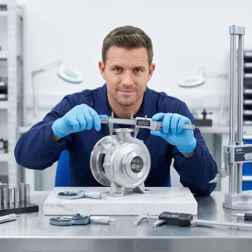 Technician inspecting remanufactured hydrostatic pump component with precision measuring tools