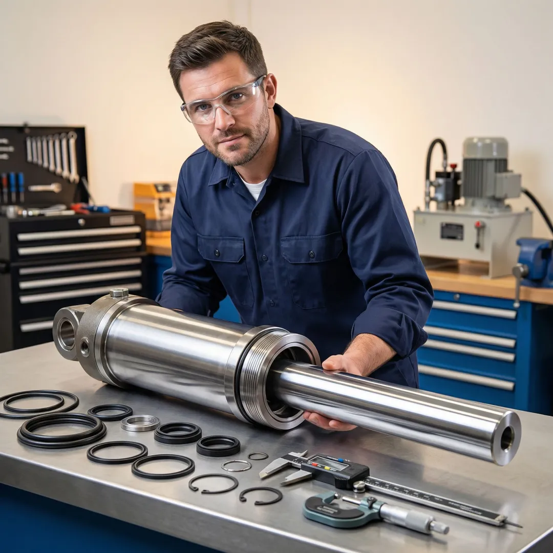 Hydraulic tipper cylinder being rebuilt with precision tools