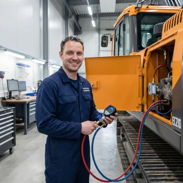 Technician diagnosing Volvo EC210 excavator hydraulic pump with diagnostic equipment