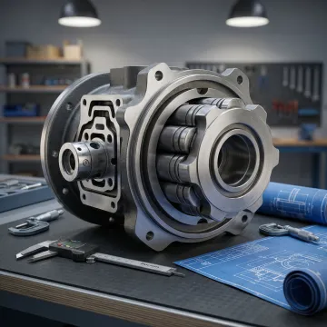 Close-up of a disassembled Poclain radial piston hydraulic motor showing internal components