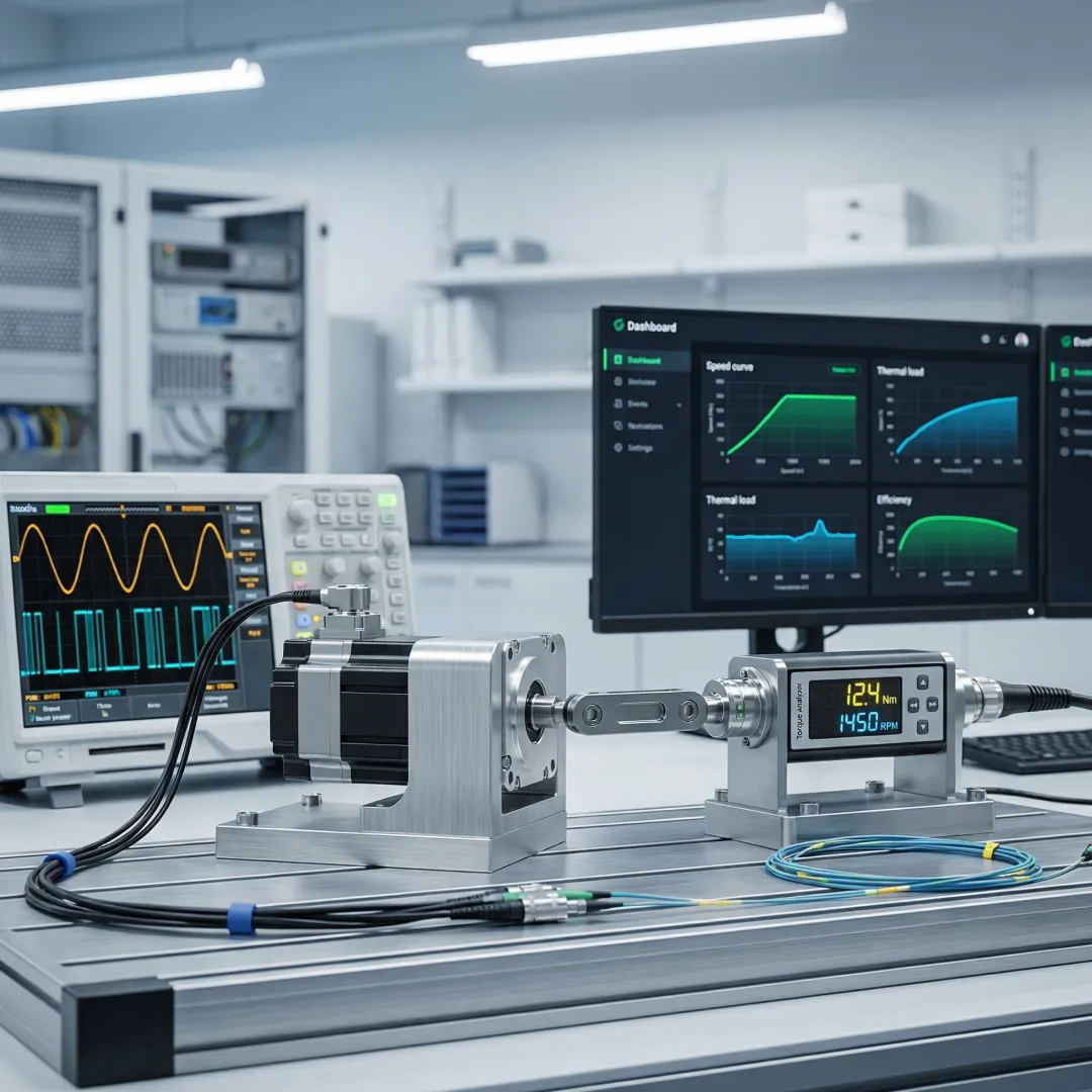 Precision servo motor testing equipment in repair facility