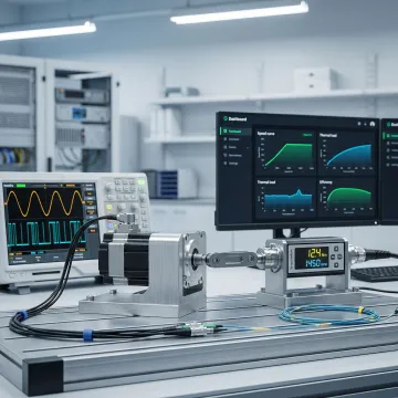 Precision servo motor testing equipment in repair facility