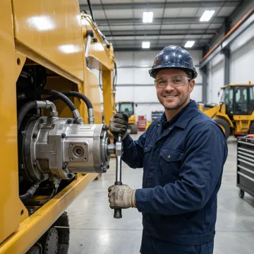 Professional technician installing a hydrostatic pump motor on heavy equipment