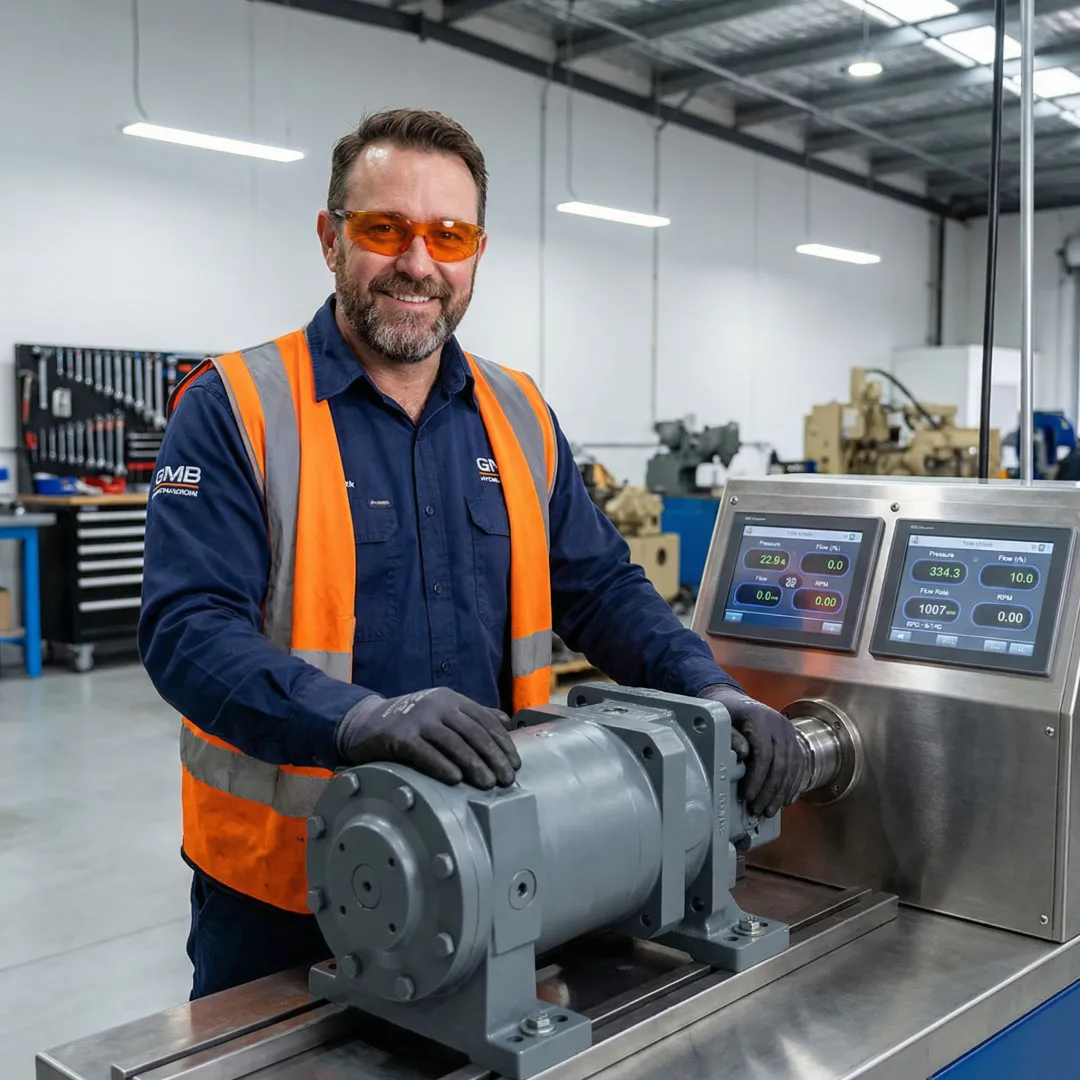 Technician testing rebuilt hydrostatic motor on diagnostic equipment