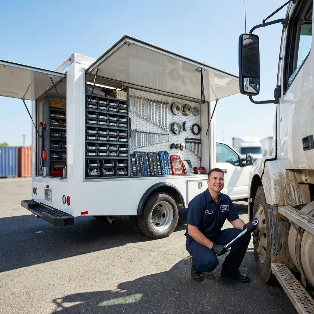 Mobile service truck with technician performing hydraulic system diagnostics