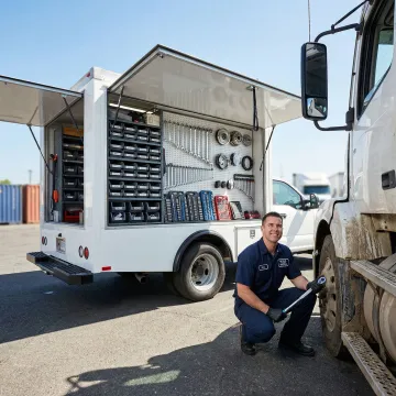 Mobile service truck with technician performing hydraulic system diagnostics