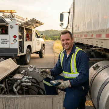 Mobile repair technician servicing commercial truck hydraulic system on roadside