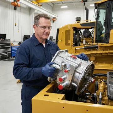 Remanufactured hydrostatic transmission being installed in heavy equipment