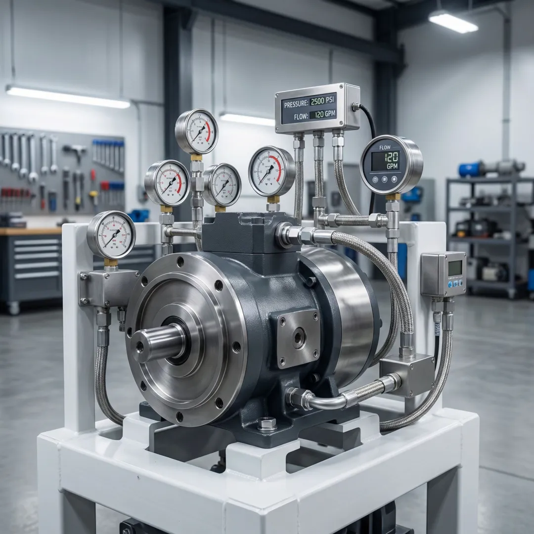 Rebuilt hydraulic motor on test bench with pressure gauges and diagnostic instruments