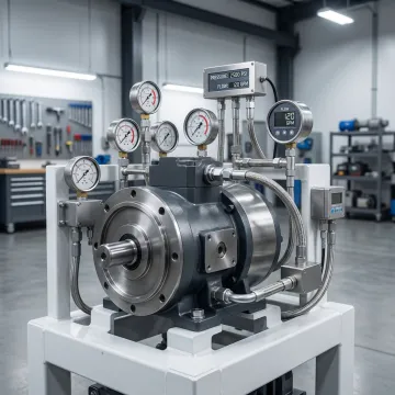 Rebuilt hydraulic motor on test bench with pressure gauges and diagnostic instruments