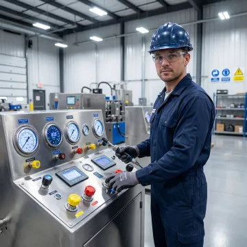 Technician calibrating industrial hydrostatic test pump