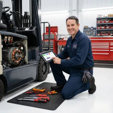 Technician repairing forklift electric motor in professional workshop