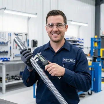 Technician performing precision quality inspection on remanufactured hydraulic cylinder rod