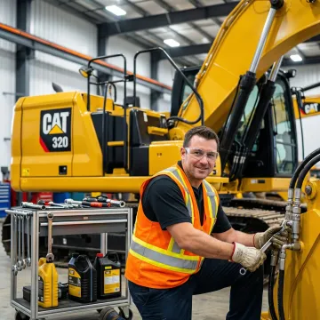 Technician performing hydraulic maintenance on Caterpillar 320 excavator