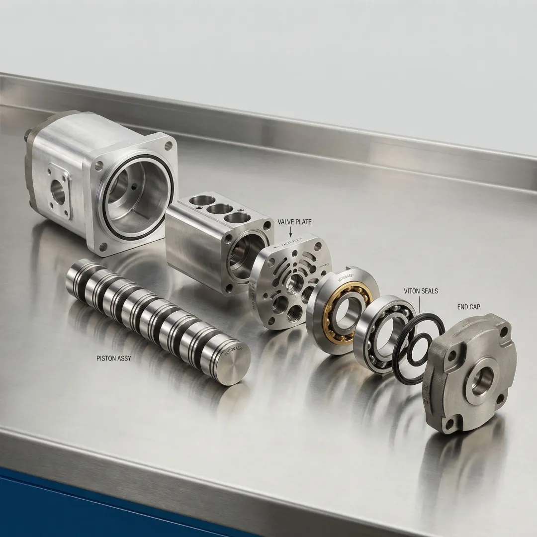 Hydraulic pump component disassembled for precision rebuild service