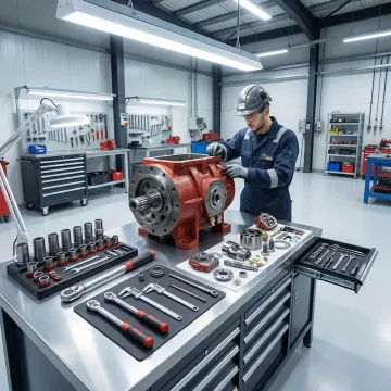 Technician repairing a large hydrostatic pump in a professional workshop