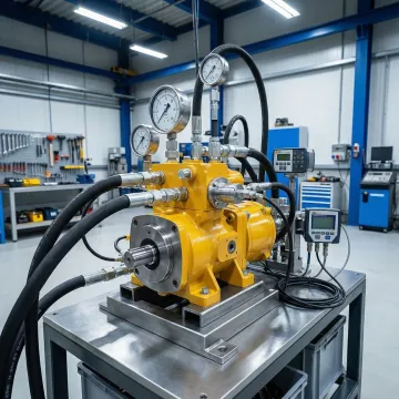 Rebuilt hydrostatic pump unit ready for testing in a hydraulic repair facility