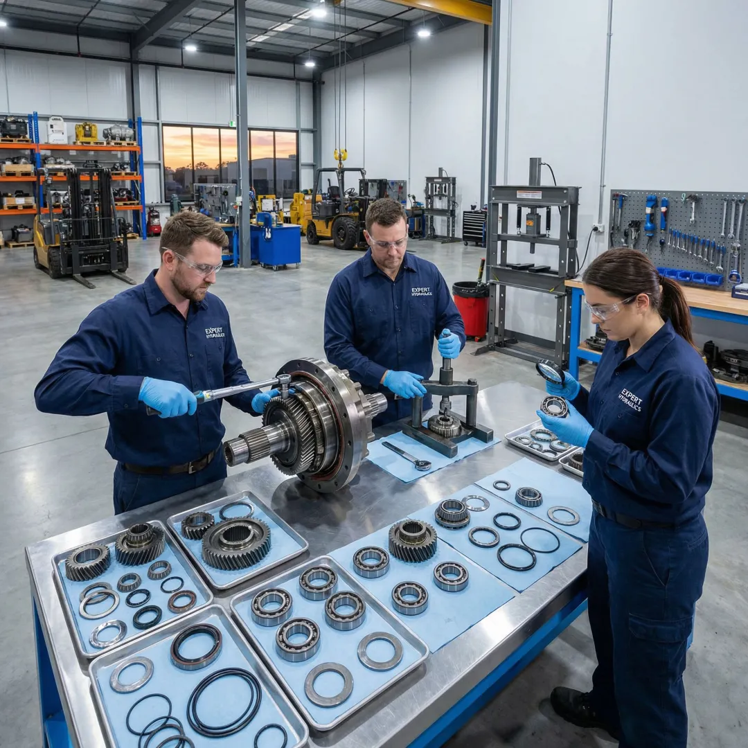 Final drive gear assembly being rebuilt and tested in a hydraulic repair shop