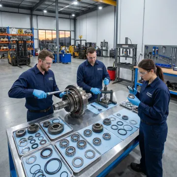Final drive gear assembly being rebuilt and tested in a hydraulic repair shop