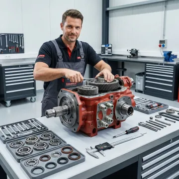 Heavy equipment transmission repair technician working on hydraulic pump components in Miami