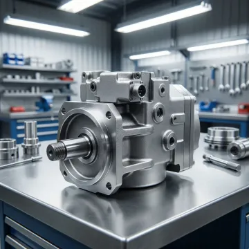 Close-up of a rebuilt hydrostatic pump unit ready for installation on heavy equipment