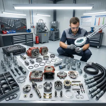 Technician repairing a hydrostatic pump and motor assembly in a professional repair shop