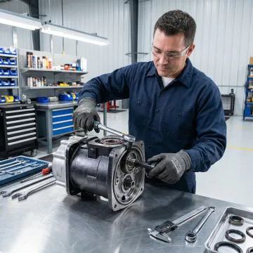 Technician repairing a forklift hydraulic motor in a workshop
