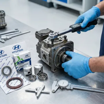 Technician rebuilding a hydraulic pump for heavy construction equipment