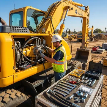 Heavy construction equipment being repaired by a technician in California
