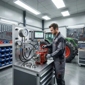 Farm equipment hydraulic pump being rebuilt and tested on a repair bench by a technician