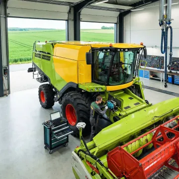 Farm equipment technician repairing a combine harvester hydraulic pump in a field workshop