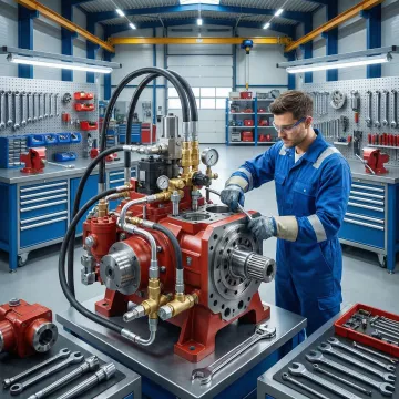 Industrial hydraulic pump and valve repair technician working on heavy equipment components