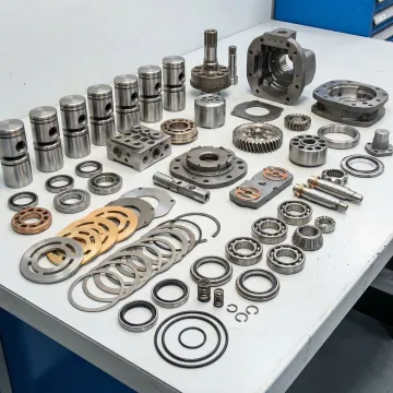 Hydraulic pump components laid out for industrial repair and rebuild service