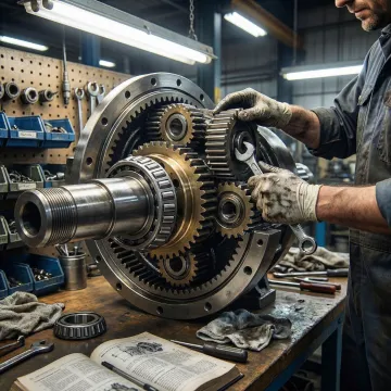 Technician rebuilding a final drive gear assembly for heavy construction equipment